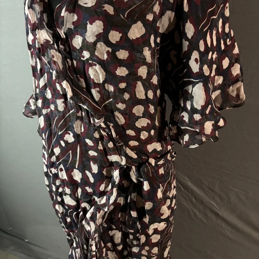 IRO Animal Print Silk Wrap Midi Dress Ruffle Sleeve‎ Tie Waist 36